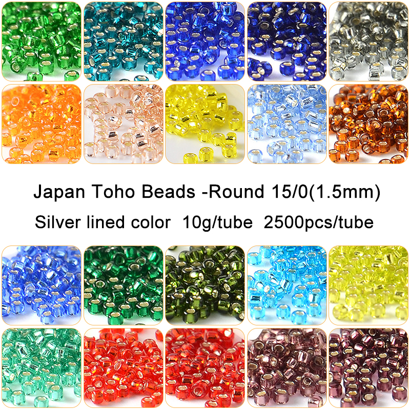 Cuentas de vidrio redondas japonesas TOHO de 1,5mm, 15/0, Color forrado de plata, 10g, 2500 Uds., cuentas de semilla para costura, fabricación de joyas hechas a mano