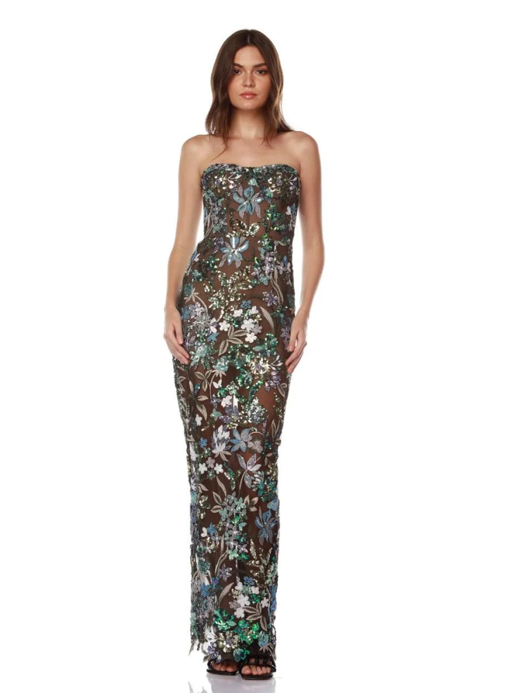 Vestido largo de malla de retazos bordado sin tirantes para mujer, elegante vestido de lentejuelas florales de lujo, vestidos de pasarela de fiesta de noche Sexy