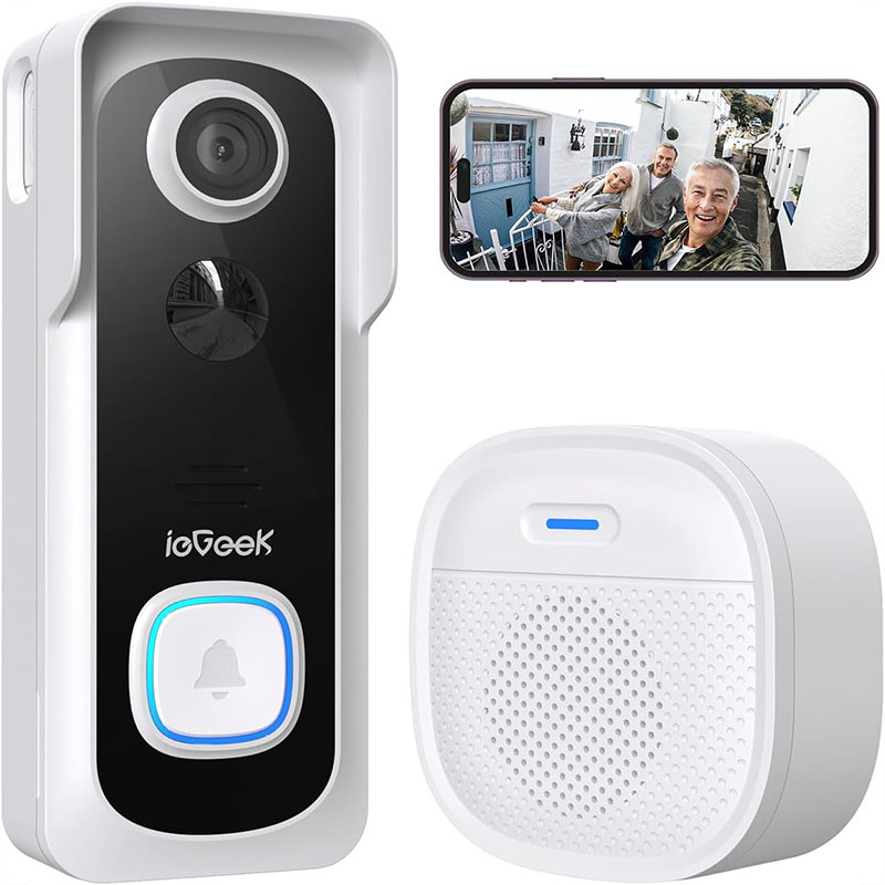 Timbre de vídeo ieGeek inalámbrico con timbre 2K HD cámara de timbre, timbre de puerta de seguridad inteligente para el hogar mensaje de voz y cambiador