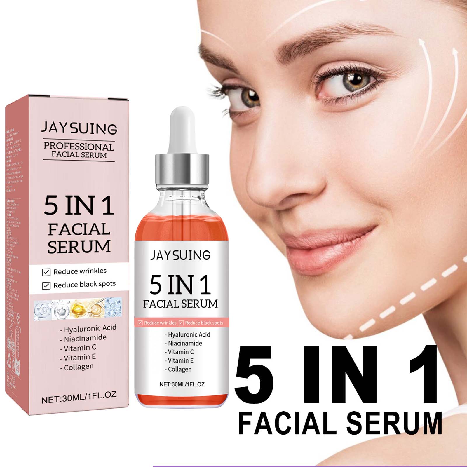 Sérum 5 en 1 pour le visage, estompe les ridules, raffermit la peau, resserre les pores, hydratant, éclaircissant, vitamine C, acide hyaluronique