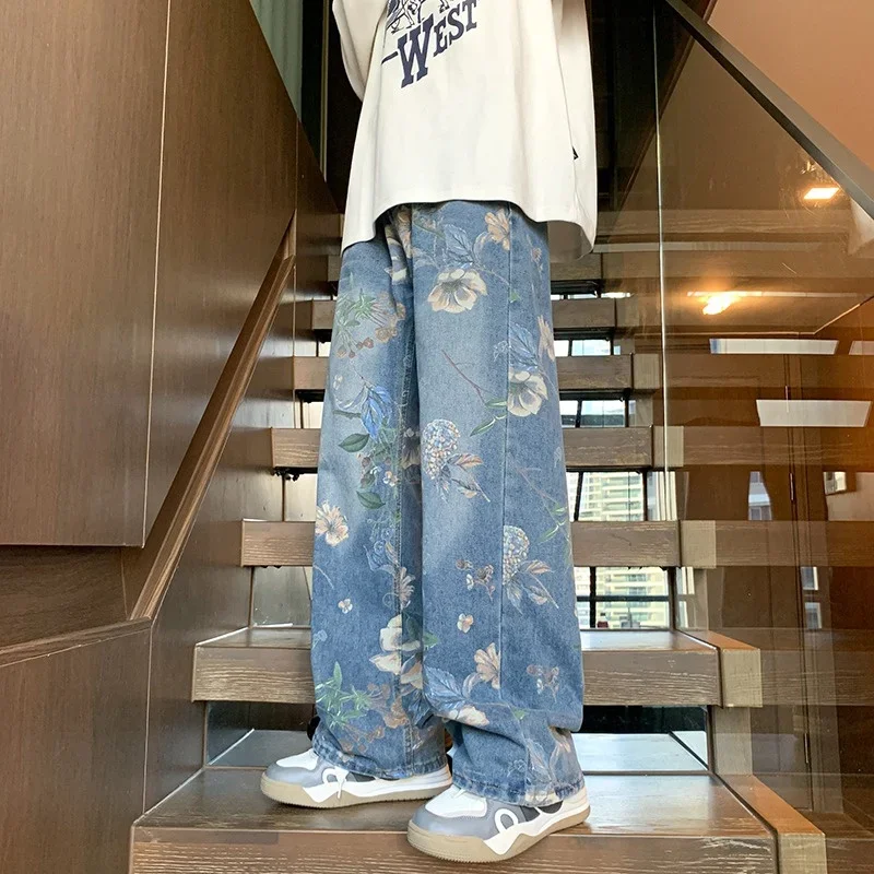 Pantalones vaqueros con estampado Floral de otoño para hombre, novedad de 2024, pantalones vaqueros Vintage Y2K, moda Hip Hop, pantalones vaqueros holgados de pierna ancha, ropa de calle