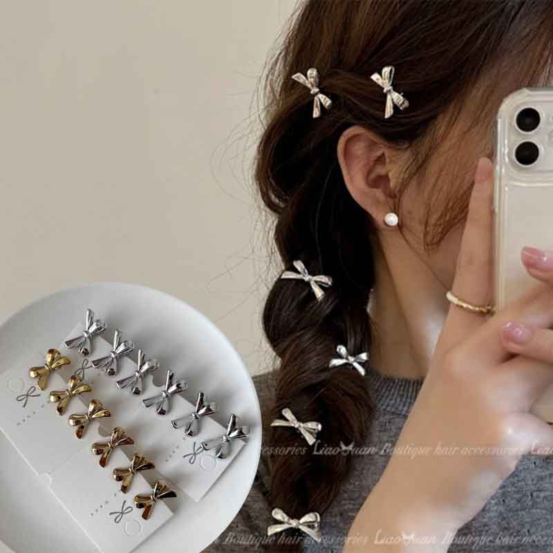 6 stks/set van vrouwen nieuwe gouden boog mini haarspelden, zoete en coole meisje pony haarspelden en haaraccessoires