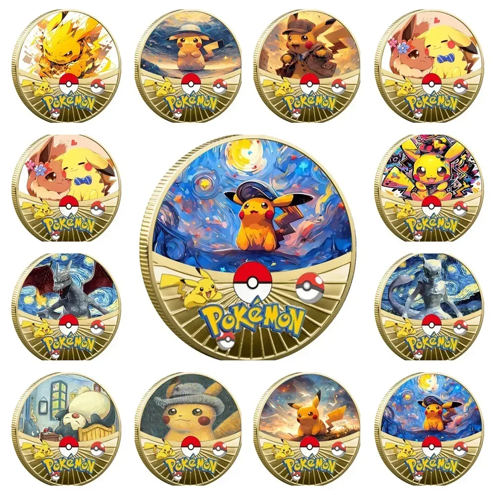 Pokemon ทองเหรียญชุดโลหะ Pikachu Charizard ที่ระลึกอะนิเมะเด็ก Pokemon Starry Sky ภาพวาดสีน้ํามันเหรียญเหรียญเหรียญที่ระลึก