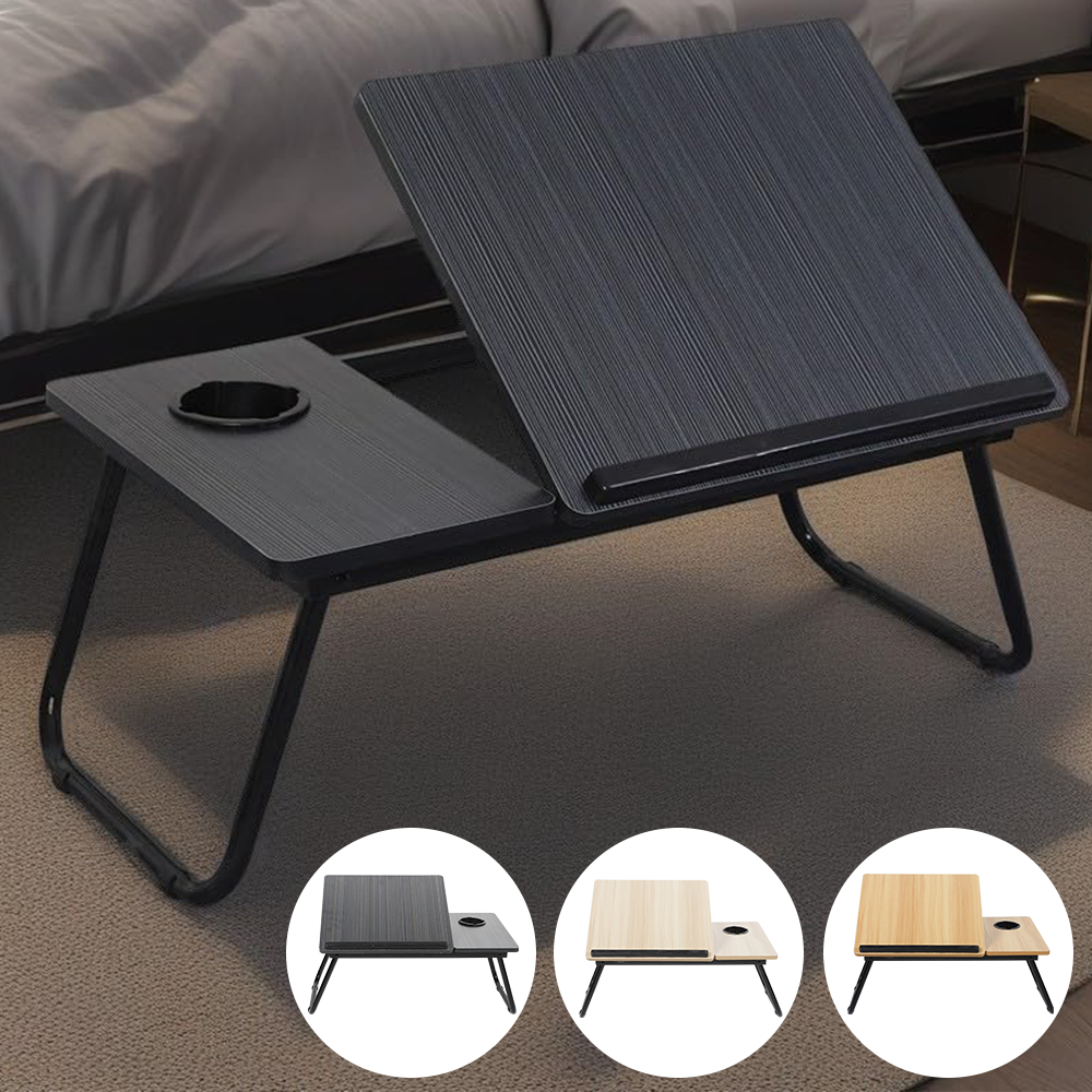 Opklapbare laptoptafel voor bed en bank, laptopbureau met 5 hoogte-instellingen en bekerhouder, multifunctionele tafel