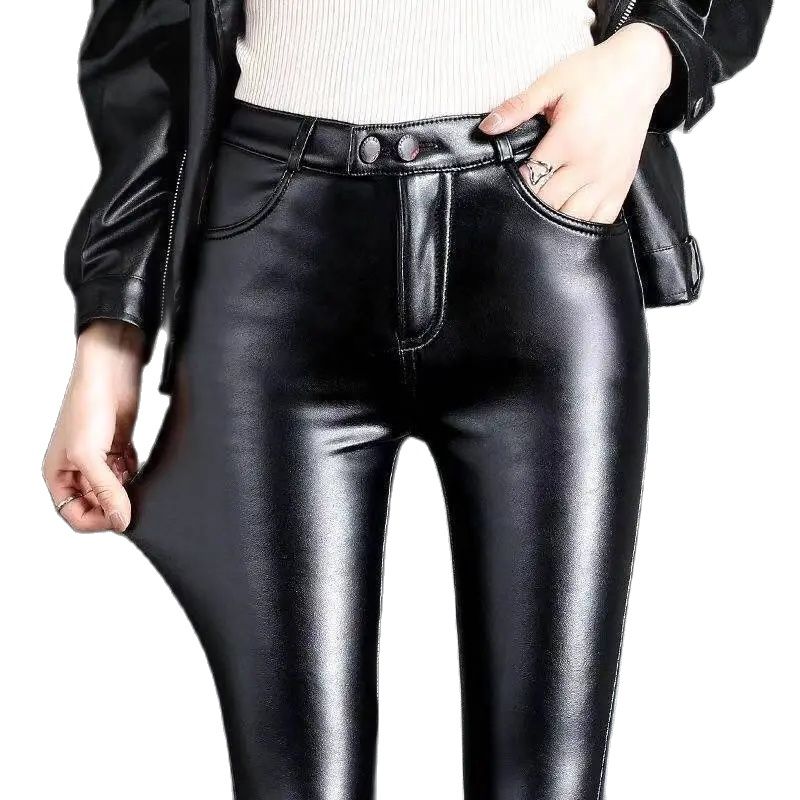 Pantaloni in pelle PU per donna Leggings Pantaloni a matita con fodera termica Donna a vita alta elasticizzata Slim Fit Autunno Inverno Nero