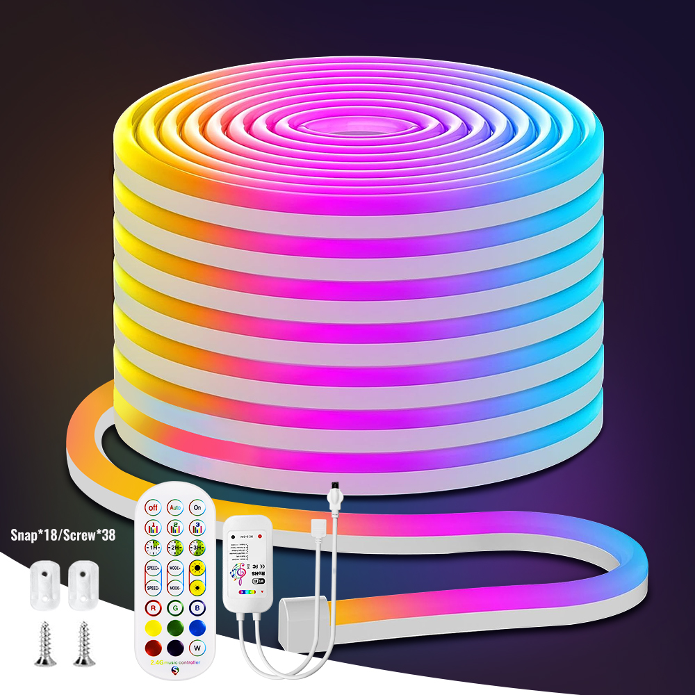 Tira de luces Led de neón RGB de 10M/32 pies, luz de cuerda de neón de silicona IP68 de 12V 108LEDS/M con sincronización musical, Color de 16millon para fiesta de habitación