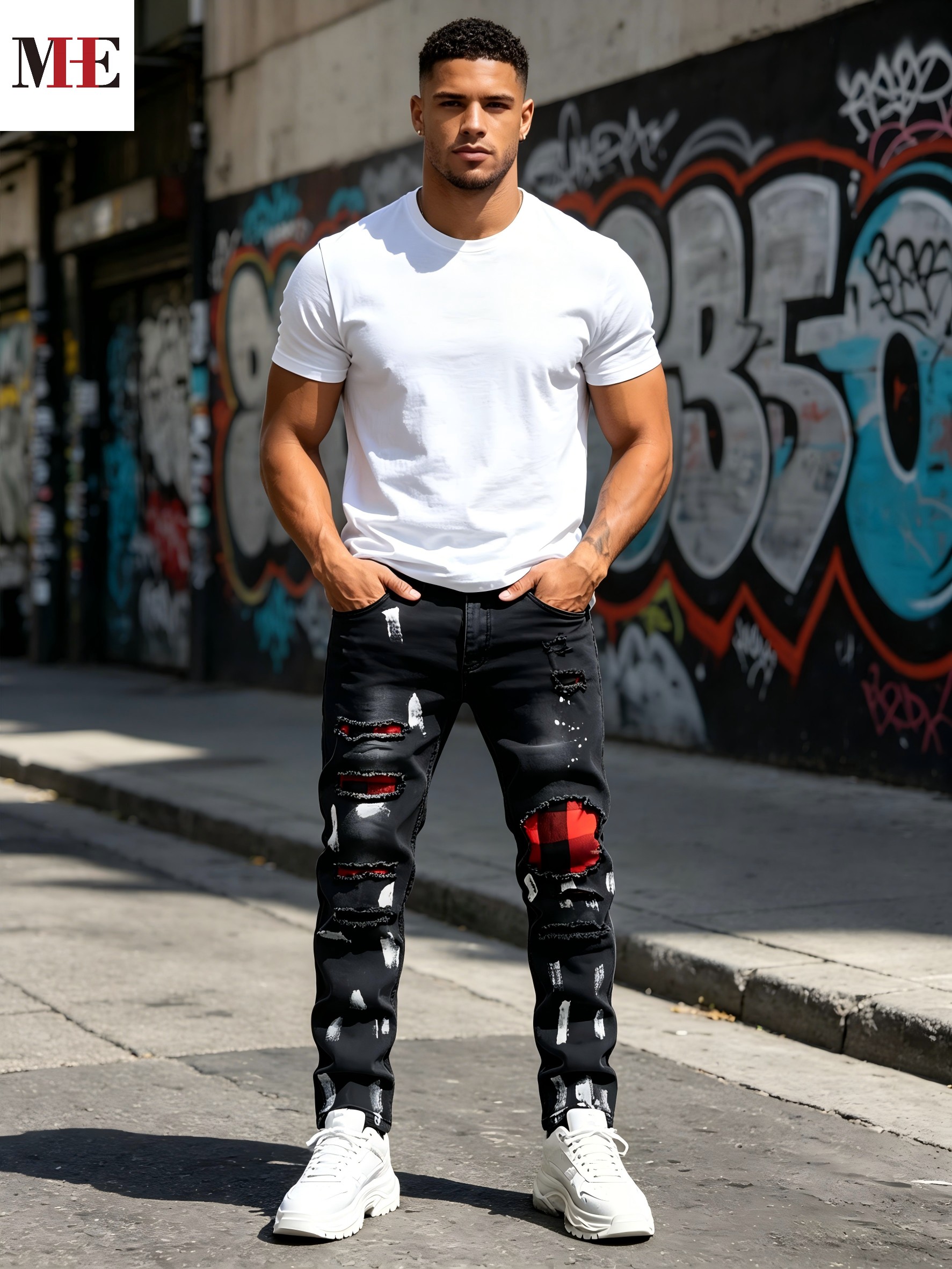 Pantalon en jean noir et gris pour homme HME, jean slim skinny à patchs à carreaux et éclaboussures de peinture pour streetwear
