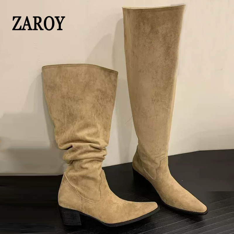 รองเท้าบูทหุ้มข้อทรงแหลมสำหรับฤดูหนาว ZAROY รองเท้าบูทส้นเตี้ยทรงเหลี่ยมสไตล์เรโทรสำหรับผู้หญิง ดีไซน์เนอร์ รองเท้าบูททรงหลอดยาวทันสมัย รองเท้าบูททรงหลอดกว้าง