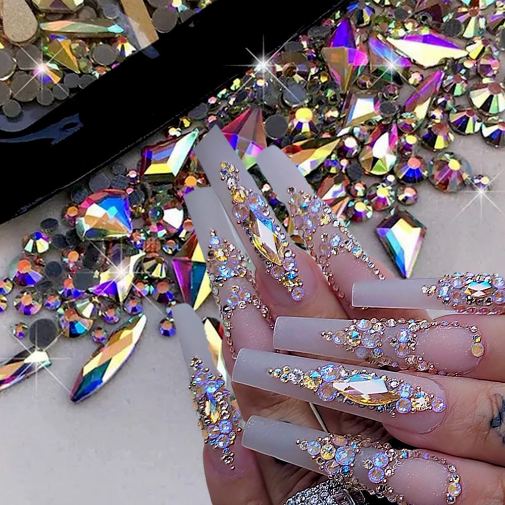 180 Uds. Diamantes de imitación de cristal AB con parte posterior plana para decoración de uñas, gemas de diamante mezcladas de múltiples formas, piedras de cristal azules y moradas para decoración de uñas DIY