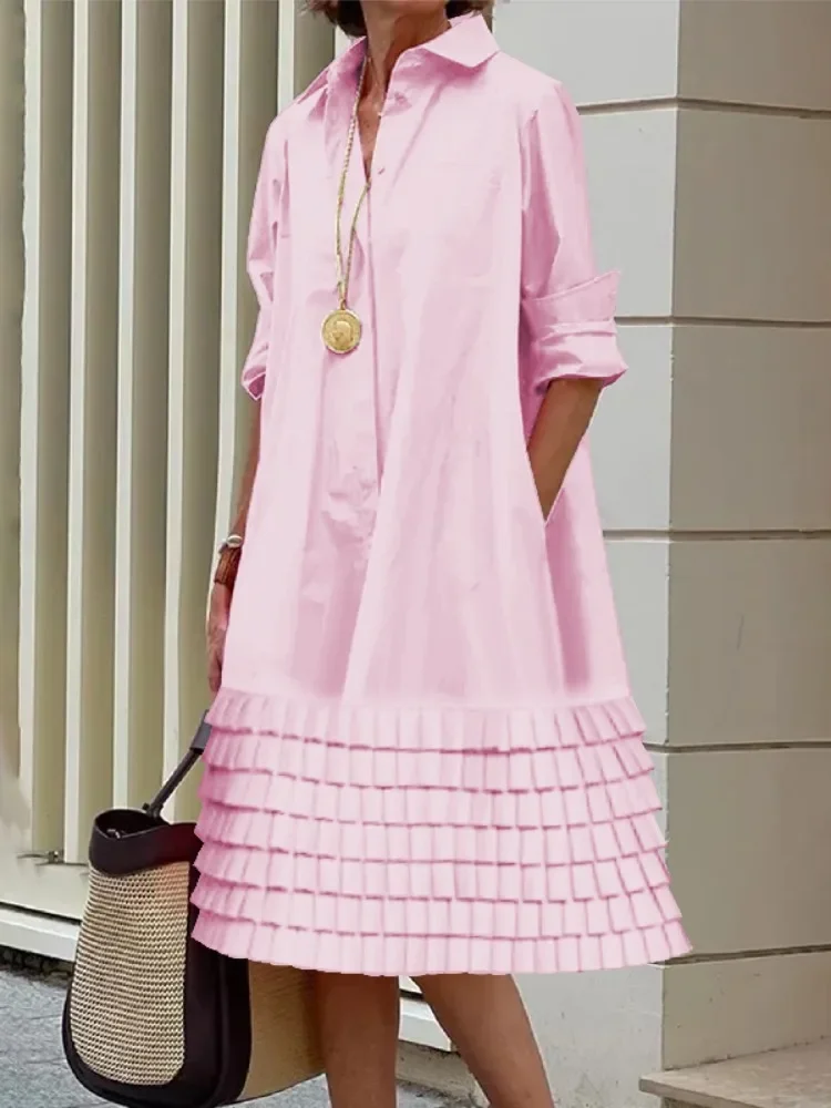 Uoozee Weibliches, stilvolles, mehrschichtiges Revers-Hemdkleid, 2024, neues Frühjahr, lange Ärmel, urbane, lässige Midi-Kleider für Bürodame