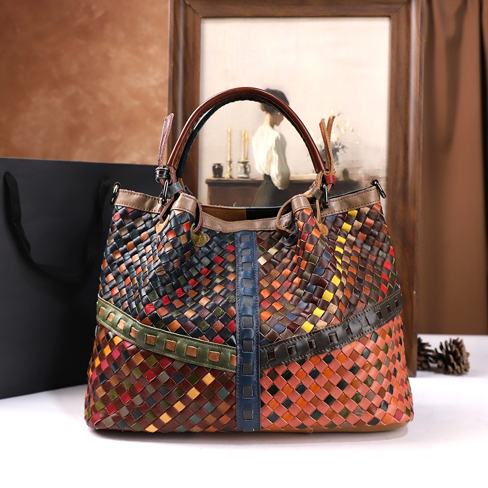 Tas Tangan Wanita Retro Baru dengan Lapisan Atas Kulit Sapi dan Kapasitas Besar, Tas Selempang Tenun untuk Wanita
