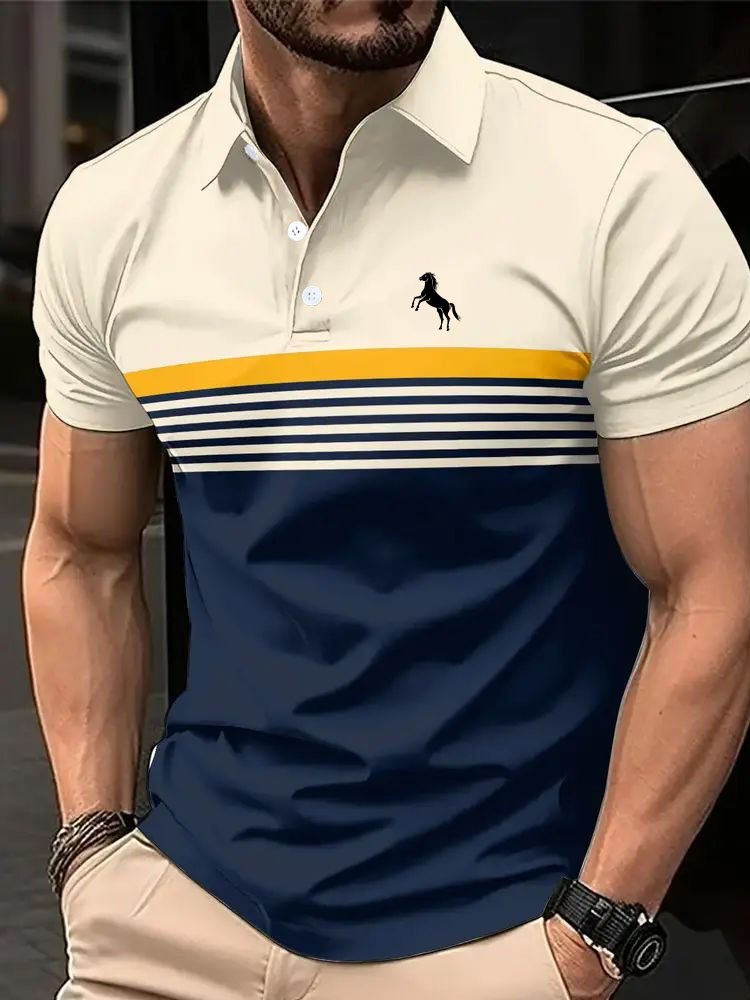 Polo de manga corta informal para hombre con estampado de caballo en 3D, diseño de bloques de color a rayas, camisa de golf con cuello de estilo deportivo para verano