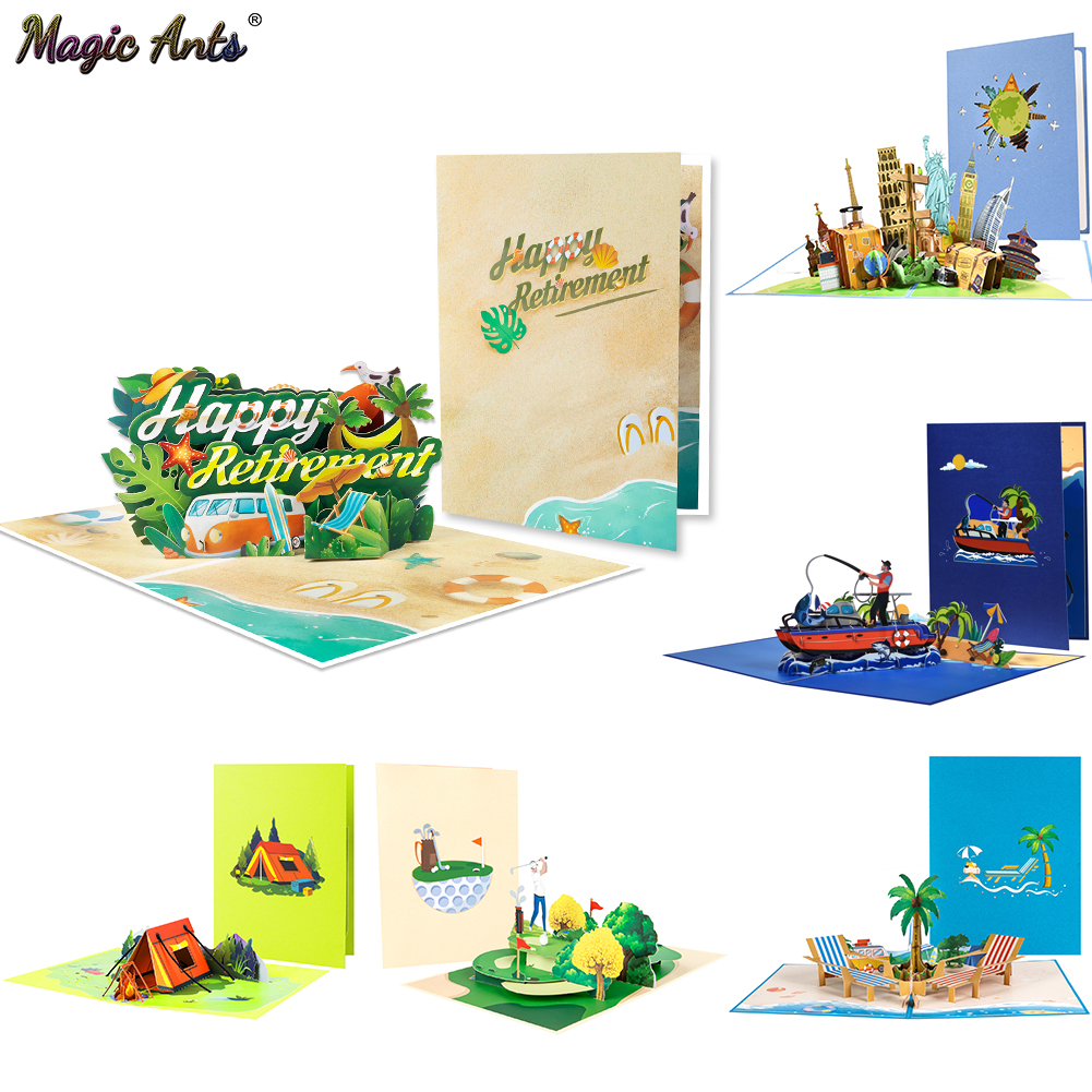 Cartão de felicitações de aposentadoria pop up para viagens com tema ao ar livre