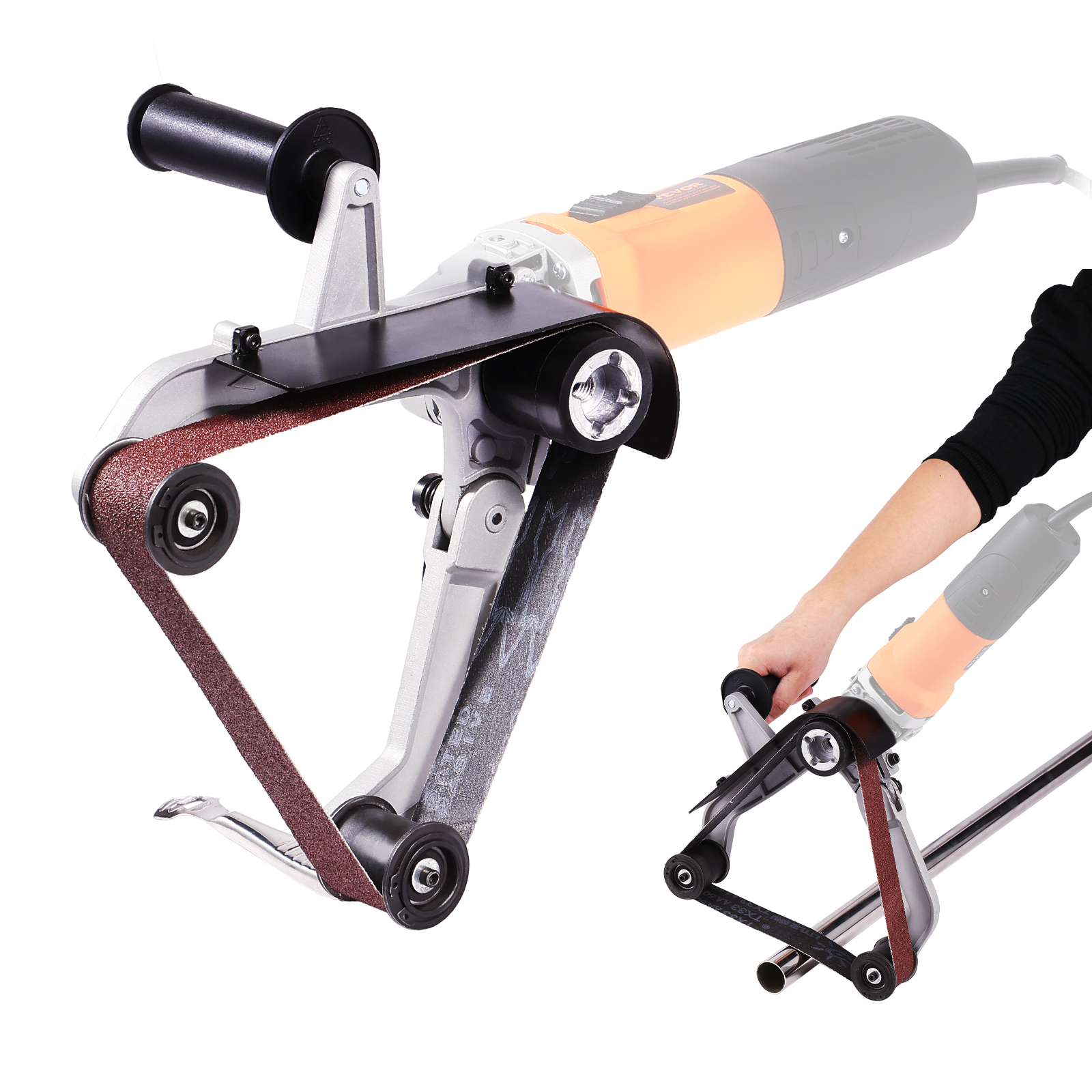 SucceBuy Bandschleifer-Adapter für Winkelschleifer, Rohrschleifaufsatz mit 5/8–11 Zoll kaiserlichem Gewinde und 10 Stück Schleifbänder