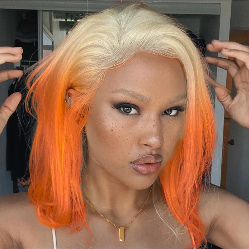 613 laranja perucas de cabelo humano em linha reta bob 13x4 perucas dianteiras do laço com cabelo do bebê prepluck loira amarelo para mulher