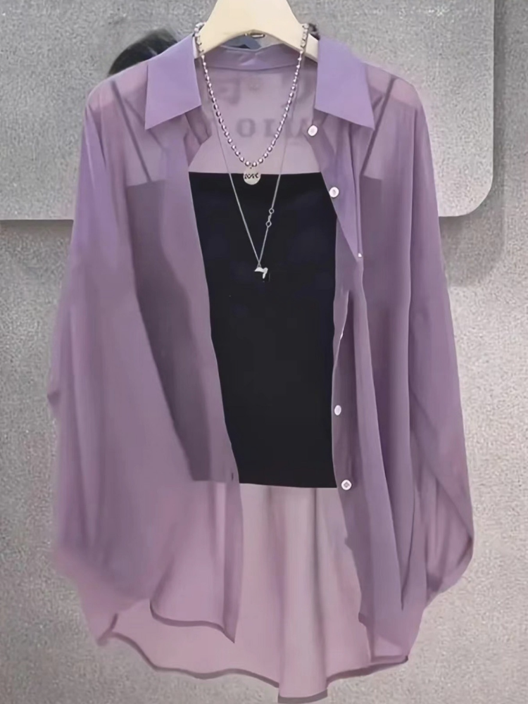 Camisas femininas plus size 2025 verão respirável e à prova de sol seda gelo com botão fino solto puro chiffon blusas manga longa