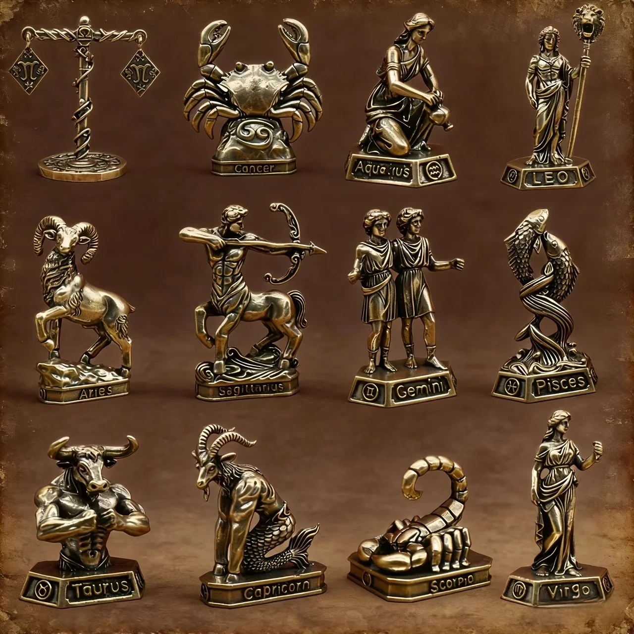Handmade Brass Zodiac Signs - Vintage Constellation Statues, Home/Office Decor Collectibles