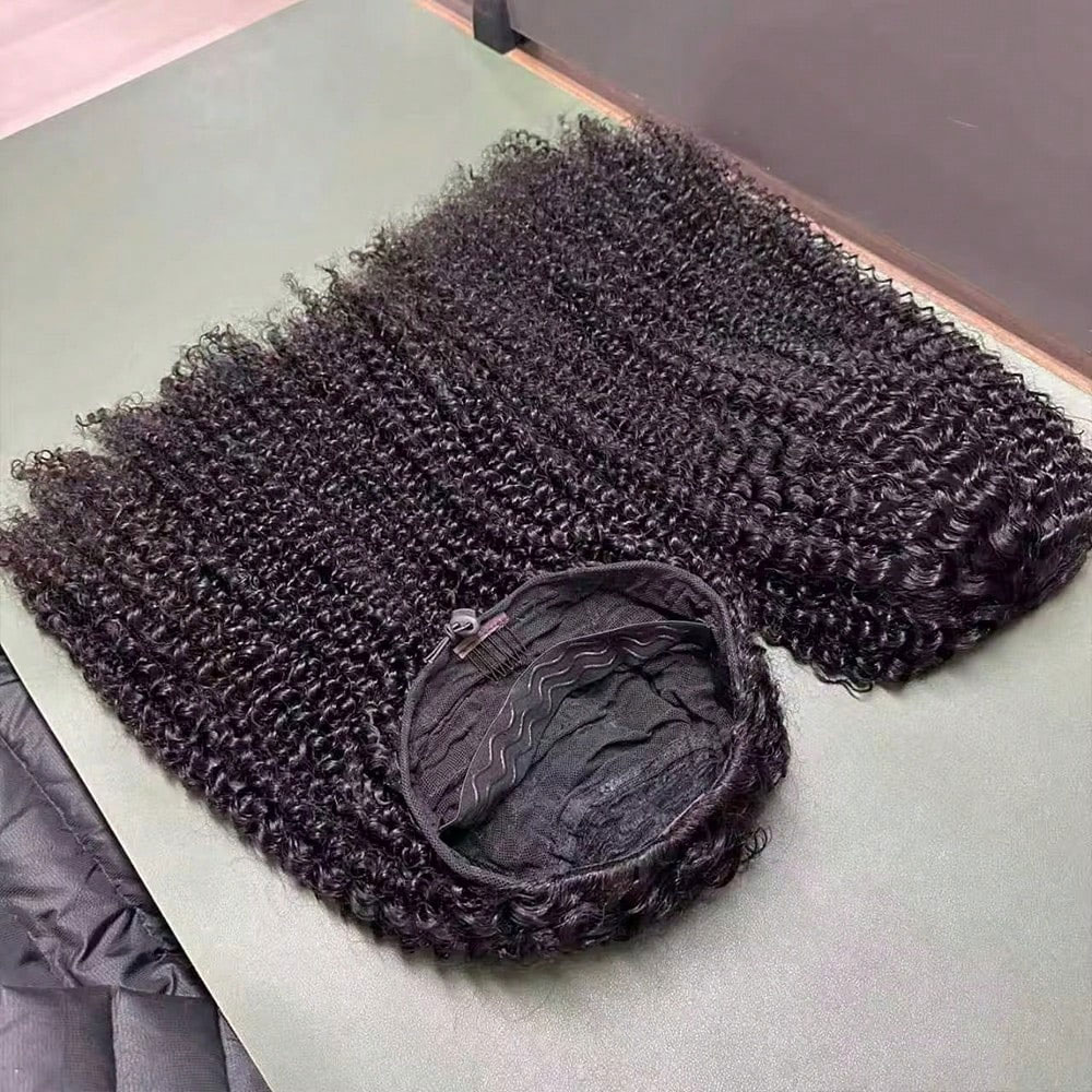 Peluca de media cabeza 3 en 1 de cabello humano, afro rizado, con cordón ajustable, sin pegamento, línea de cabello natural