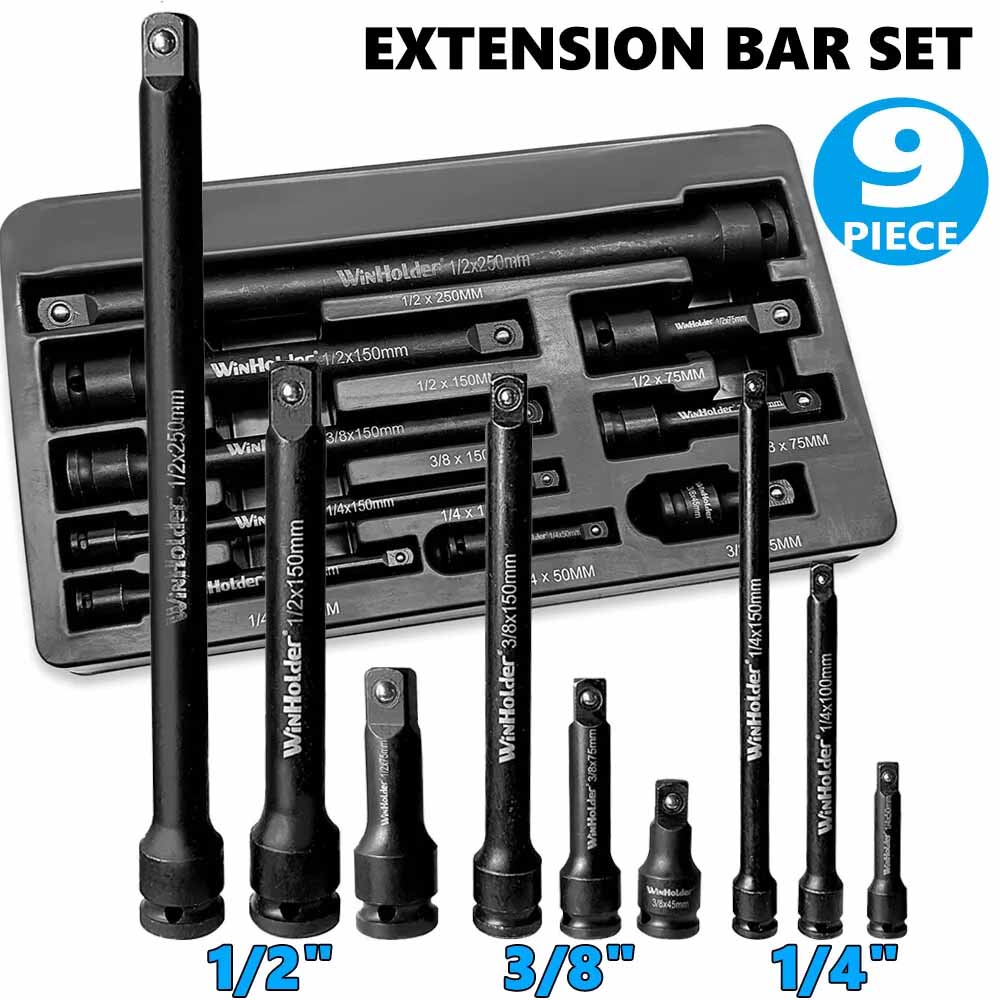 9 ชิ้น/เซ็ต Impact Extension Bars 1/2 "3/8" 1/4 "ไดรฟ์ Long Reach Extension Bar ชุดสําหรับ Impact ซ็อกเก็ต Ratchets ซ่อมเครื่องมือสีดํา