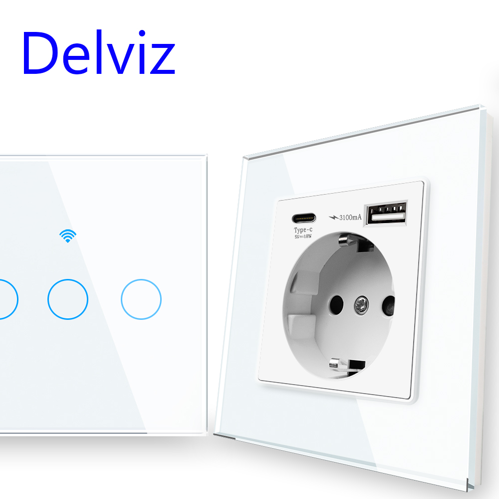 Delviz Soket Daya USB Tipe C, Port Usb Isi Daya Cepat, Panel Kaca Kristal, Outlet 16A STANDAR UE, Sakelar Pintar Lampu Dinding WiFi