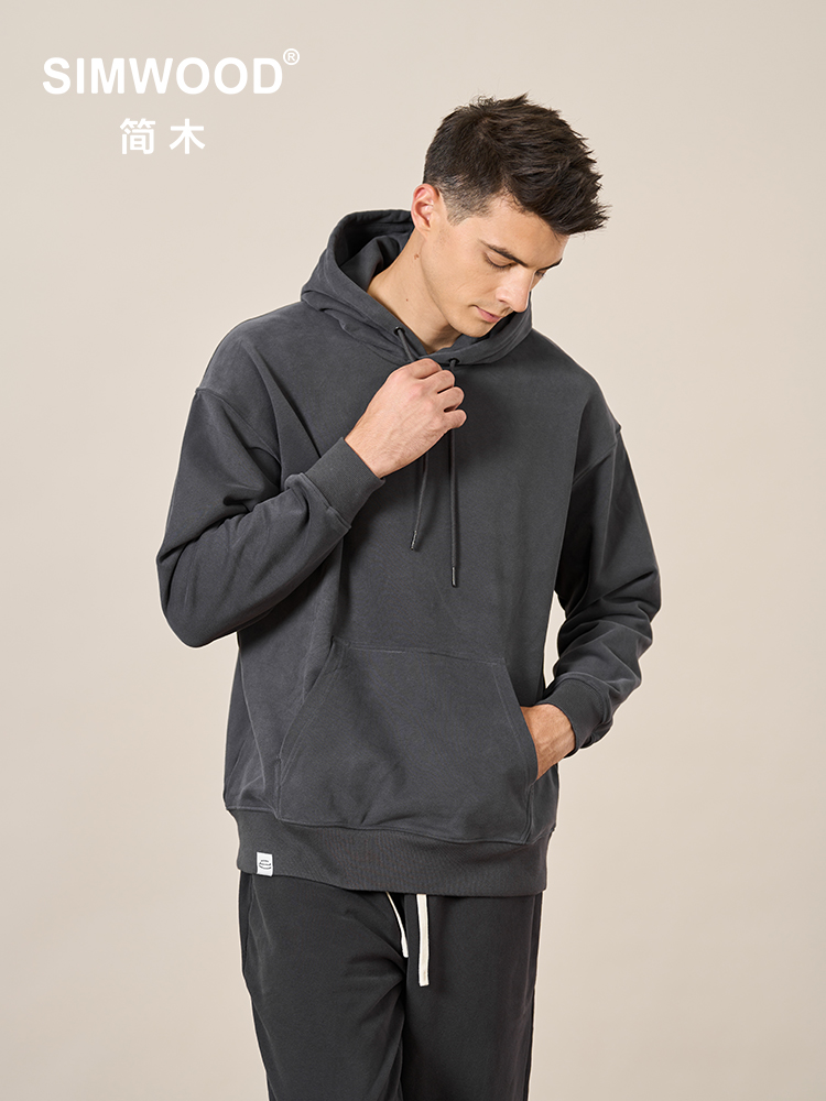 SIMWOOD 2025 Spring New New Hooded Hoodies Men Thick 360g Fabric Solid Basic Sweatshirts Quality Jogger Texture Pullovers