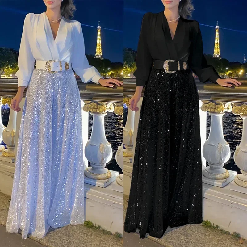 女性用長袖スパンコールVネックジャンプスーツ,ワイドレッグパンツ,エレガントで魅力的なシャツ,スリムウエスト,ファッション,秋,2024