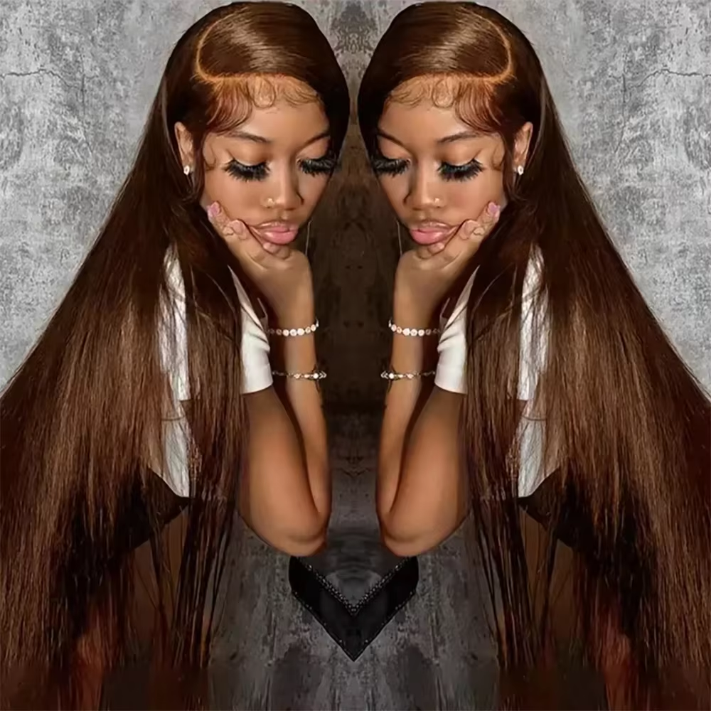 Czekoladowy Brąz Proste Włosy 13x4 13x6 Peruka typu HD Lace Frontal Brazylijskie Kolorowe Peruki z Włosów Naturalnych z Przedziałkiem w Kształcie Litery T dla Kobiet Wstępnie Wyskubane 36 46 Cali