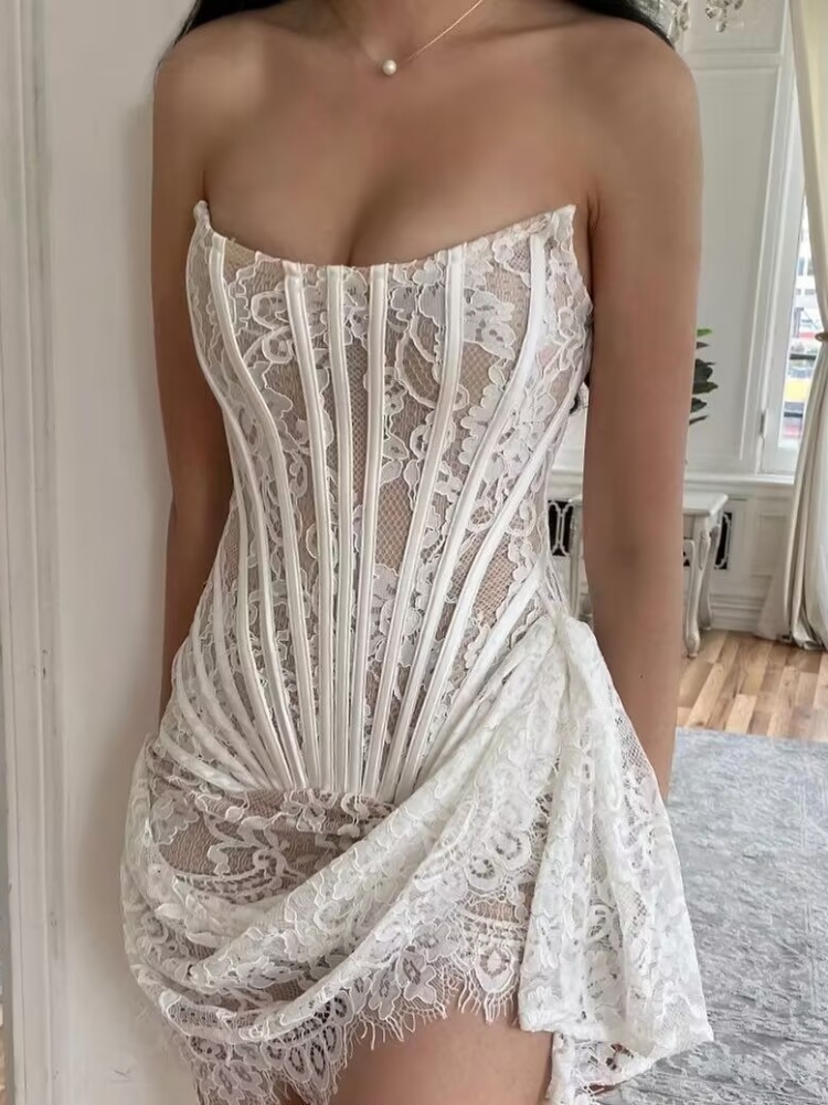 Vestido ajustado de encaje sin tirantes para mujer, corsé drapeado, Blanco, Negro, Rojo, Mini vestido Bodycon de encaje, vestido elegante para fiesta y Club