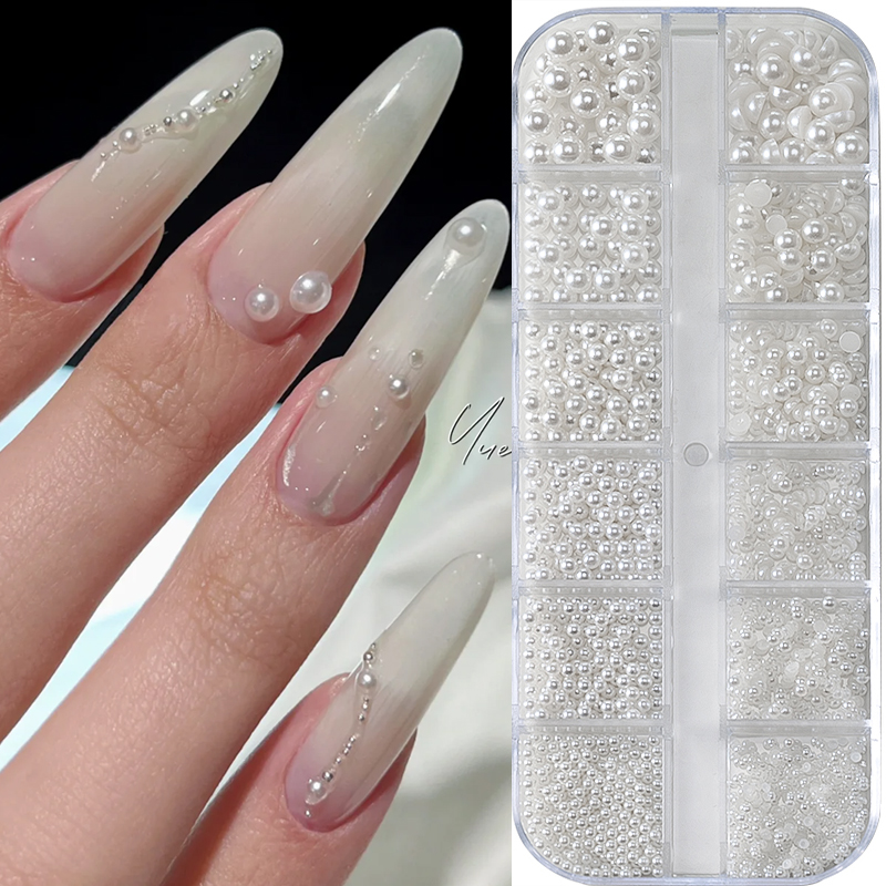 12 rejillas de perlas blancas mezcladas para uñas, cuentas redondas 3D/semicírculo, diamantes de imitación para decoración de uñas, accesorios de manicura, piezas DIY Y7%6K