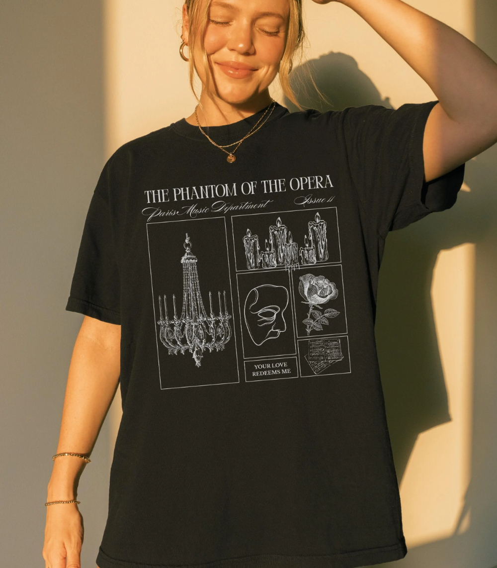 Camiseta de literatura gótica do fantasma da ópera de Gaston Leroux, temporada assustadora, clássica para amantes do horror, Halloween, vilão cinzento moralmente indecentes