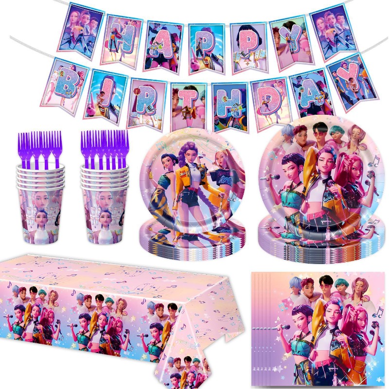 Set de Vajilla Rosa de Demon Hunter para Grupo de Chicas Kpop, Decoración para Fiesta de Cumpleaños, Kit de Pancartas y Guirnaldas, 7/9 Piezas