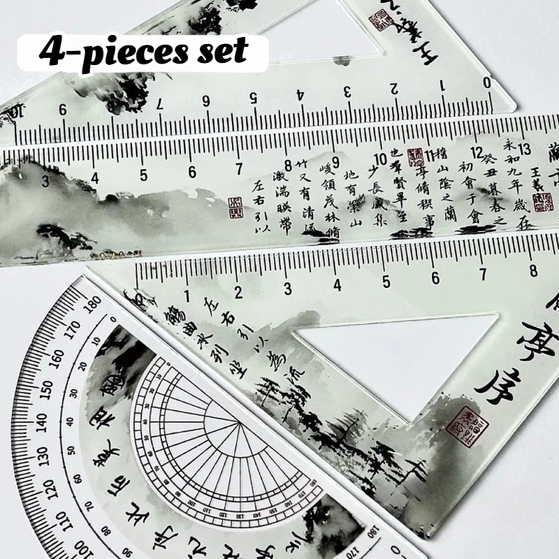 Chinese Ancient Calligraphy Transparent 4-piece Ruler Student Straight Ruler Triangle Ruler Protractor Back To School Supplies