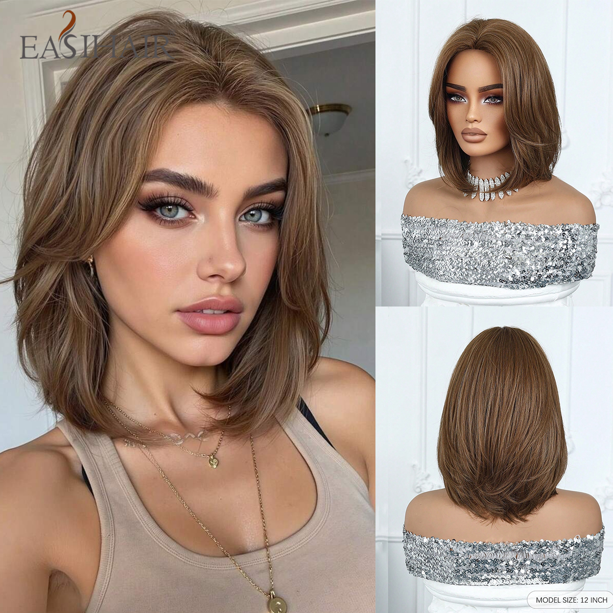 EASIHAIR Короткие прямые волосы боб Синтетические парики для женщин Коричневые прямые натуральные парики с восемью челками Ежедневный косплей
