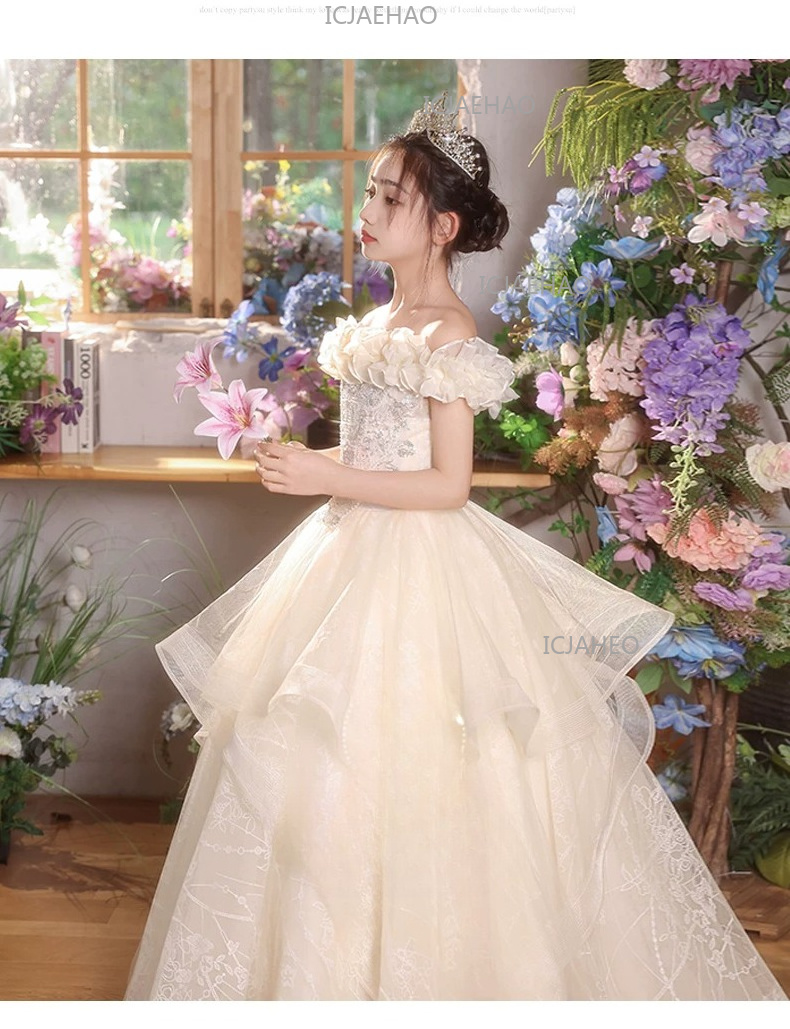 Schulterfreies Mädchen-Hochzeitsgastkleid, luxuriöses, einzigartiges, elegantes Prinzessinnen-Kostümkleid für Kinder, Klavier-Auftrittskleid