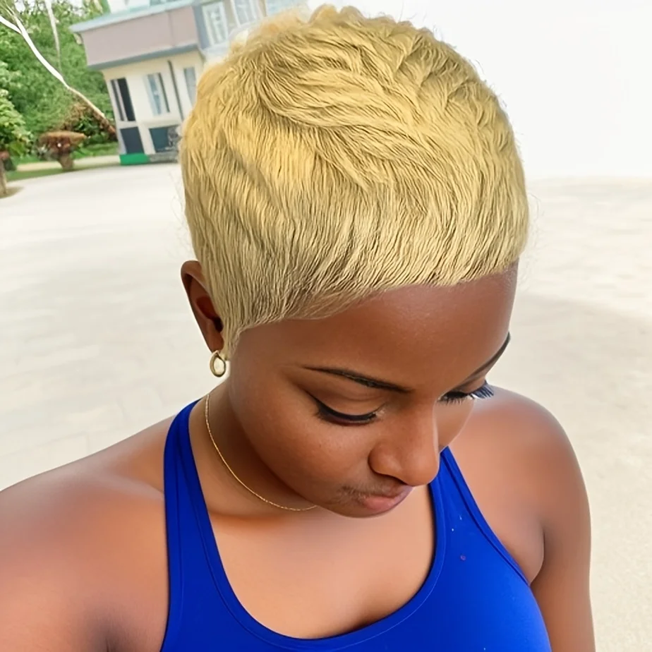 27# Blonde Pixie Cut Human Hair Wig Honey Blonde Curly Wave Layered Style with Bangs Golden Wig for Women Machine Made Wig