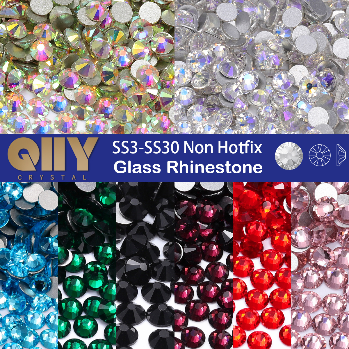 QIIY Hochwertige Glas-Strasssteine mit flacher Rückseite, glitzernde Kristall-AB-Steine, zum Aufkleben auf Strass-Strasssteinen für Nagelkunst, Kleidung, Dekoration
