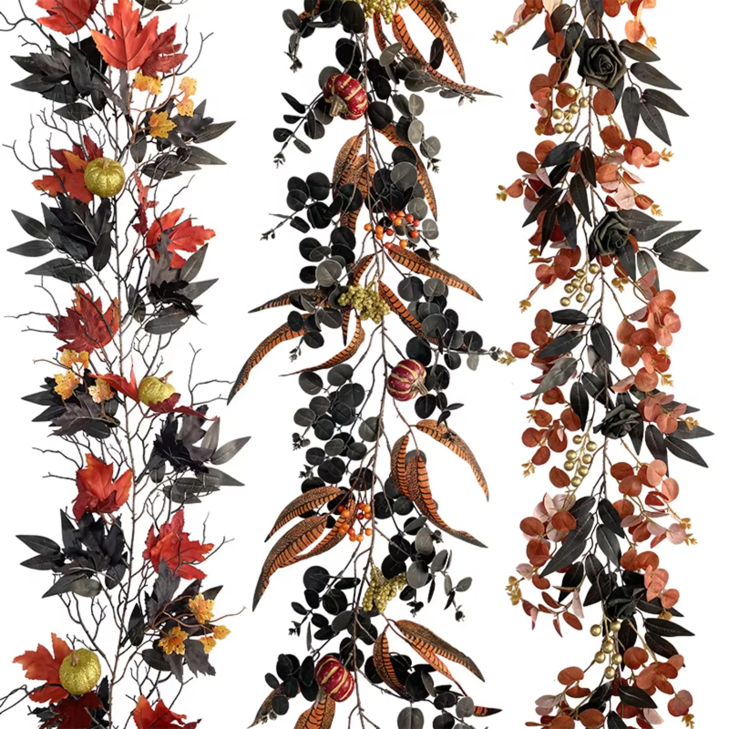 Guirlanda de halloween artificial folha de bordo morta guirlanda 1.9m folhas pretas guirlanda de videira com abóbora para decoração de festa