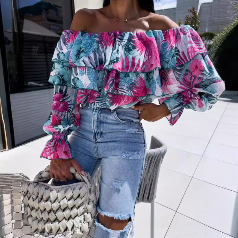 Frühling und Herbst, sexy, modisch, einzeiliger Ausschnitt, schulterfrei, bedrucktes Hemd, elegante Damen-Rüschenkante, langärmelige, lässige Bluse