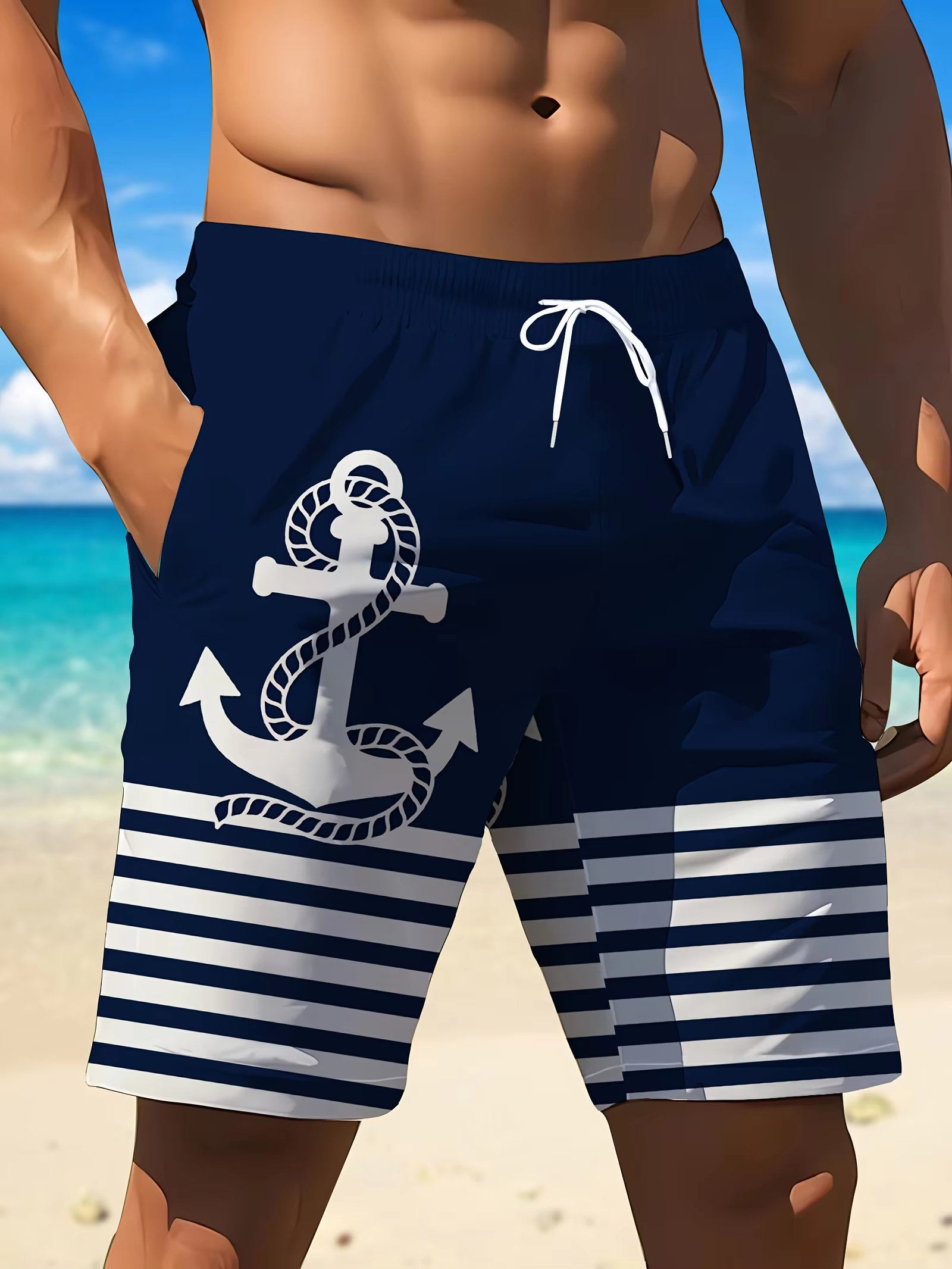 2026 Neue Marineblaue Anker-Streifen Nautische Strandshorts für Herren, Schnelltrocknende Shorts Geeignet für Da Y2K