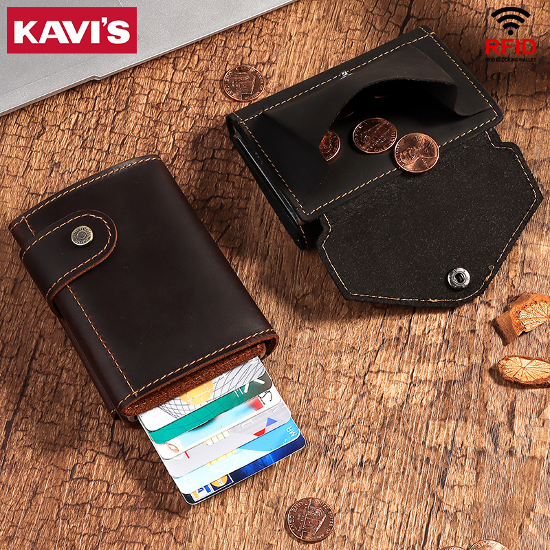 Carteiras masculinas de couro crazy horse vintage proteção RFID mini porta-cartões de metal carteira com zíper bolso para moedas para homens