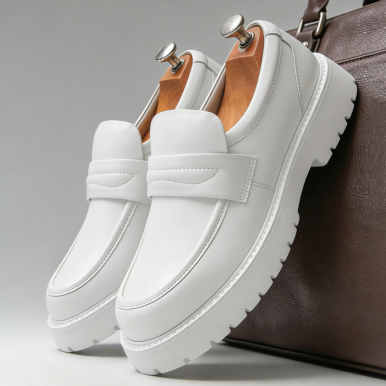 Mocassini Classici da Uomo con Suola Spessa, Scarpe Eleganti Slip-On per Gentiluomini, Bianche Formali da Cerimonia e Festa, Stile Preppy