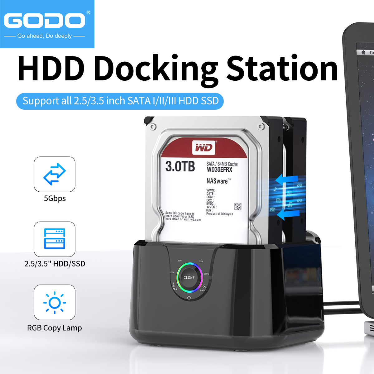 Док-станция GODO Dual Bay USB 3.0 для жестких дисков SATA 2,5/3,5-дюймовых жестких дисков/SSD со светодиодным индикатором — док-станция для жесткого диска