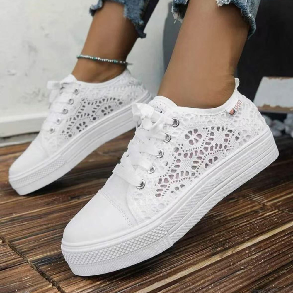 Damskie buty Moda Lato Casual Białe Buty Wycięcia Koronka Płótno Ażurowe Oddychające Platforma Płaskie Buty Damskie Trampki