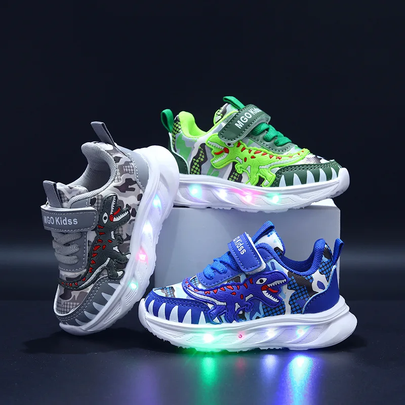 Primavera novas crianças sapatos esportivos dos desenhos animados dinossauro crianças sapatos de luz led sola macia tênis casuais para meninos 2-6 anos de idade