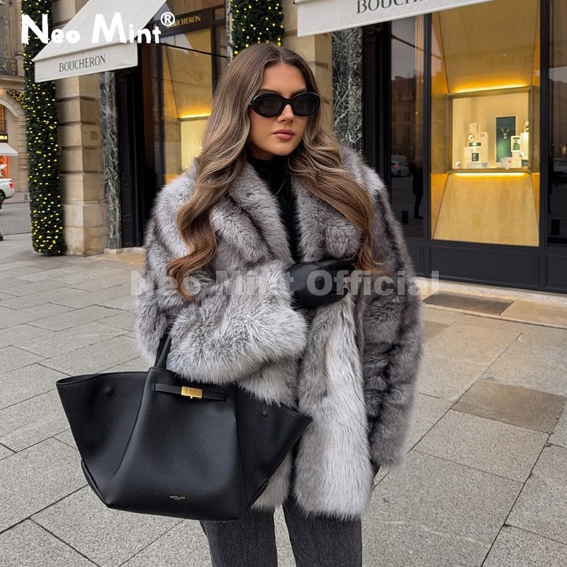 Neo mint marca moda 90s vintage retro marrom listrado casaco de pele do falso feminino 2025 inverno chique gola scraf casaco de pele de raposa