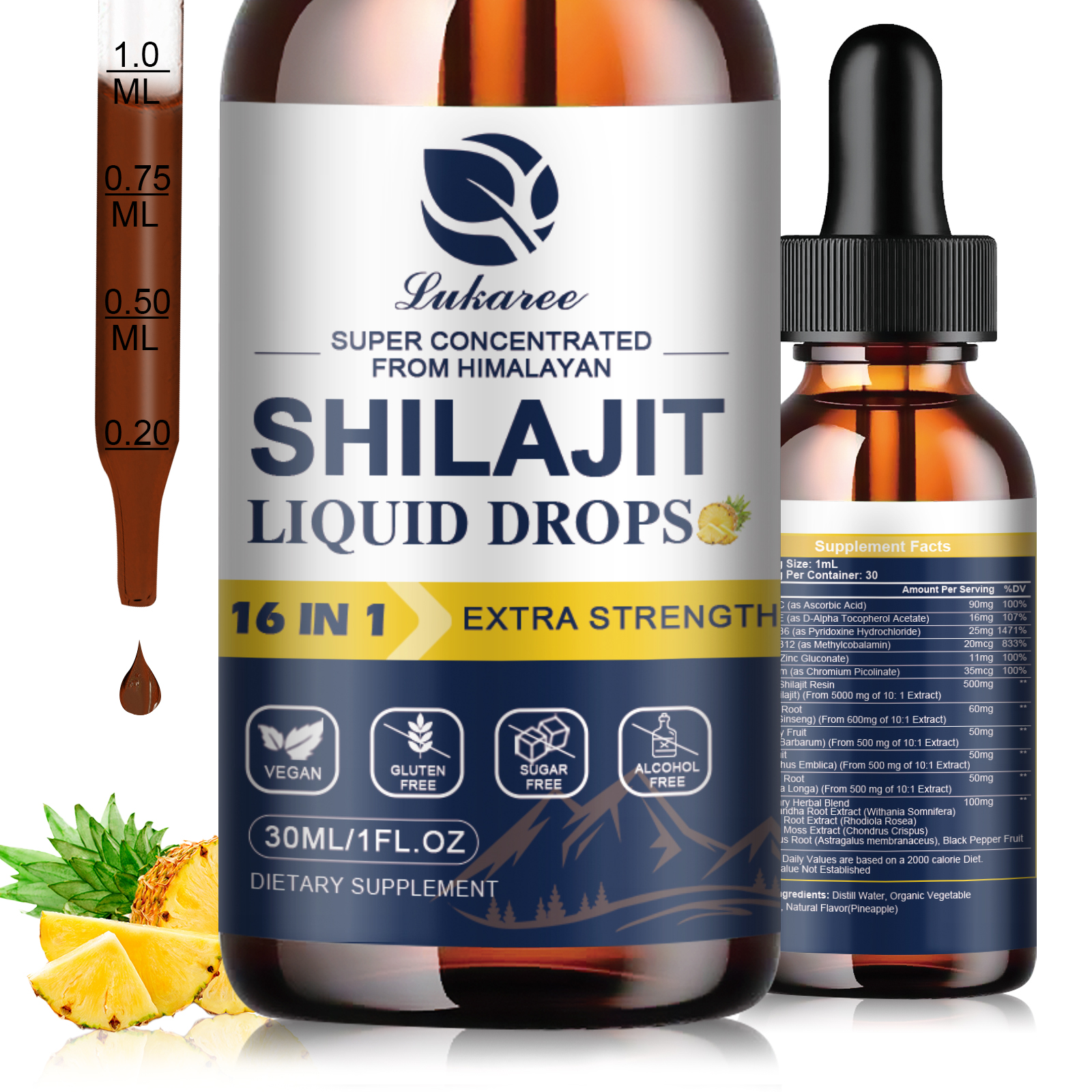 Lukaree Shilajit Gotas con más de 85 minerales de rastreo y ácido completo para hombres y mujeres, sistema de inmunidad y digestivo, soporte cognitivo para la salud