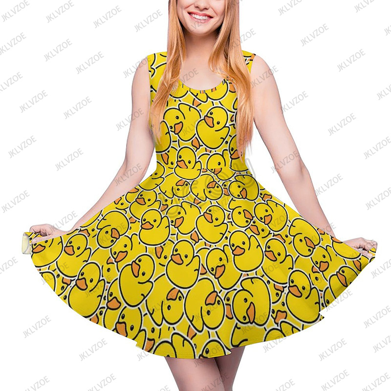 Sommer Neue Mode Gelb Klassische Enten Grafik Frauen Ärmelloses Kleid Kawaii Tier Ästhetische Kleider Weibliche Kawaii Kleid