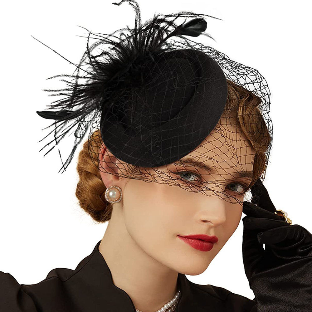 Cappello da fascinator in feltro da donna Velo a rete Piccolo peluche Punto d'onda Decor Fermagli per capelli Matrimonio Cocktail da sposa Copricapo Fasciantor