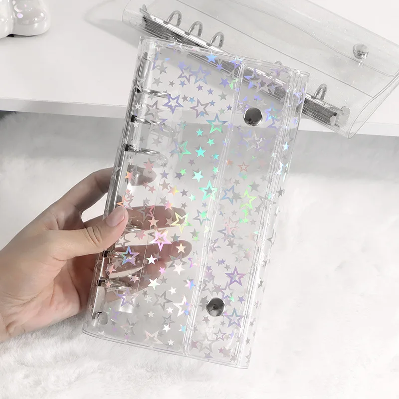 A6 sarung lipat gesper ganda PVC bintang langit penuh, pelindung lipat setengah Laser tipis 6 lubang, penutup bisa dilepas Notebook daun longgar tiga lipatan