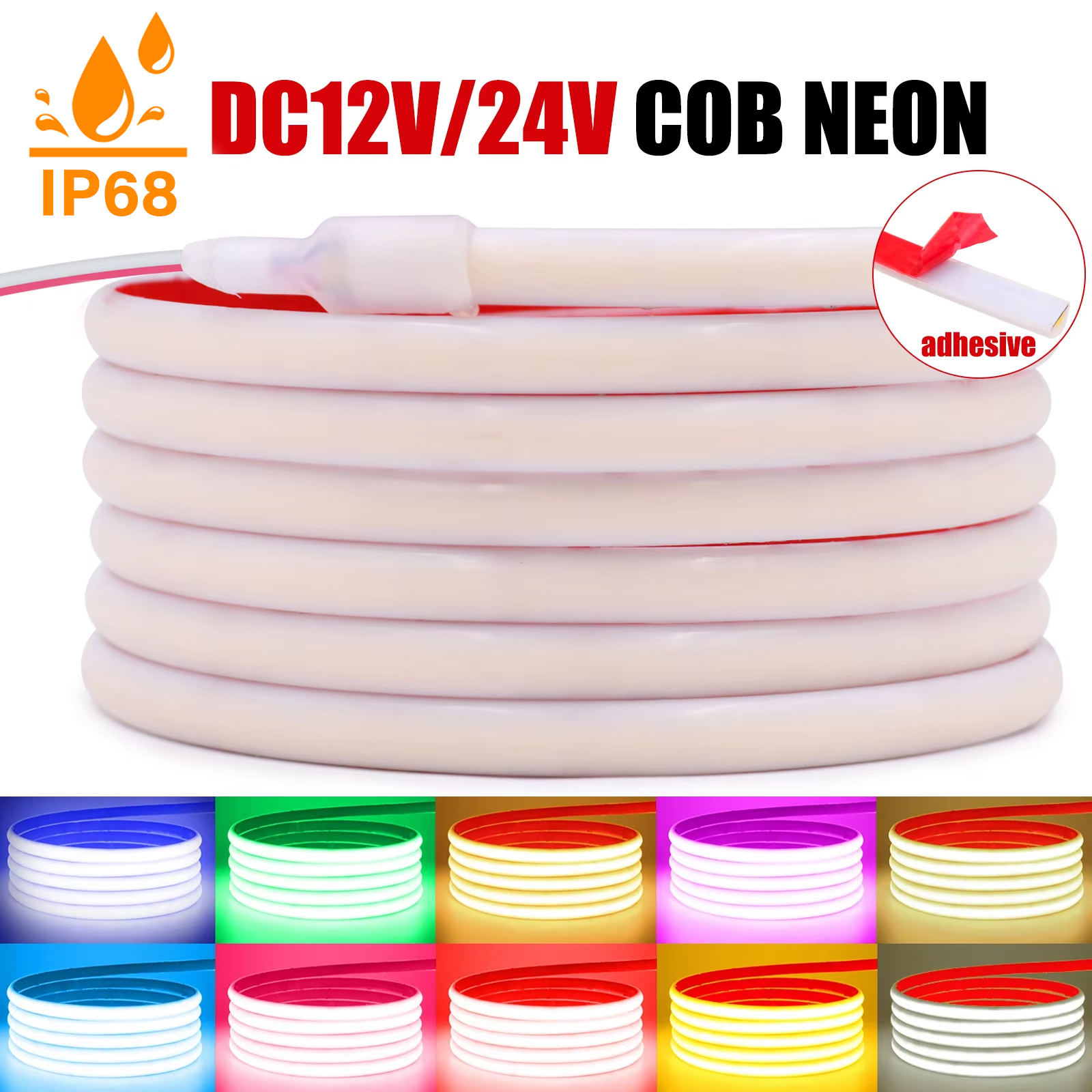 Bande lumineuse LED COB étanche IP68, DC 12V 24V 320LED s/m, rouge bleu vert blanc, néon linéaire Flexible pour décoration de jardin de pièce